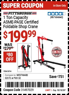 Harbor Freight Coupon PITTSBURGH 1 TON CAPACITY FOLDABLE SHOP CRANE Lot No. 58794 Expired: 10/18/26 - $199.99