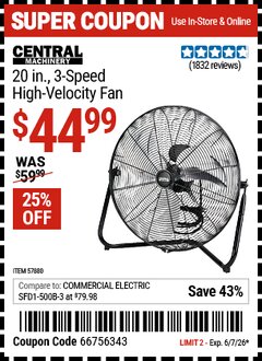 Harbor Freight Coupon CENTRAL MACHINERY 20 IN., 3-SPEED HIGH-VELOCITY FAN Lot No. 57880 EXPIRES: 6/7/26 - $44.99