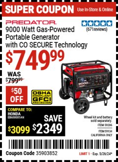 Harbor Freight Coupon 9000 WATT GAS POWERED GENERATOR WITH CO SECURE TECHNOLOGY Lot No. 59206,59134 Expired: 5/26/24 - $749.99