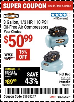 Harbor Freight Coupon MCGRAW 3 GALLON, 1/3 HP 110 PSI OIL-FREE AIR COMPRESSORS Lot No. 57567/57572 Expired: 5/26/24 - $50.99