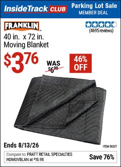 Harbor Freight ITC Coupon FRANKLIN 40 IN. X 72 IN. MOVING BLANKET Lot No. 58327 Expired: 8/13/26 - $3.76
