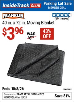 Harbor Freight ITC Coupon FRANKLIN 40 IN. X 72 IN. MOVING BLANKET Lot No. 58327 Expired: 10/8/26 - $3.96
