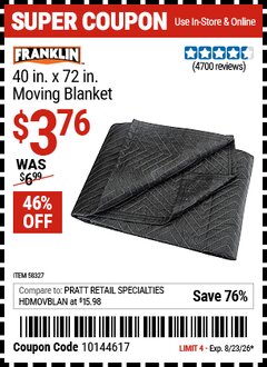 Harbor Freight Coupon FRANKLIN 40 IN. X 72 IN. MOVING BLANKET Lot No. 58327 Expired: 8/23/26 - $3.76