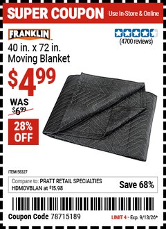 Harbor Freight Coupon FRANKLIN 40 IN. X 72 IN. MOVING BLANKET Lot No. 58327 Valid Thru: 9/13/26 - $4.99