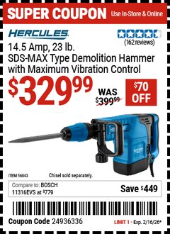 Harbor Freight Coupon HERCULES 14.5 AMP, 23 LB. SDS-MAX TYPE DEMOLITION HAMMER WITH MAXIMUM VIBRATION CONTROL Lot No. 56843 Valid Thru: 2/16/26 - $329.99