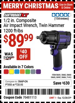 Harbor Freight Coupon EARTHQUAKE XT 1/2 IN. COMPOSITE AIR IMPACT WRENCH, TWIN HAMMER, 1200 FT-LBS Lot No. 58681/58682/58683/58684/58685/58987/71412 Expired: 12/28/25 - $89.99