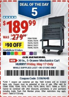 Harbor Freight Coupon U.S. GENERAL 30 IN., 5 DRAWER MECHANICS CART Lot No. 64030/64031/64721/64722/64720/64061/56429/58833 Expired: 5/17/24 - $189.99