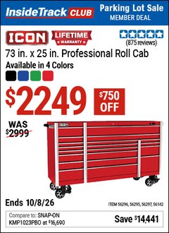Harbor Freight ITC Coupon ICON 73 IN. X 25 IN. PROFESSIONAL ROLL CAB Lot No. 56142/56295/56296/56297 Expired: 10/8/26 - $2249