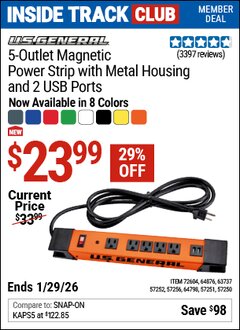 Harbor Freight ITC Coupon U.S. GENERAL 5-OUTLET MAGNETIC POWER STRIP WITH METAL HOUSING AND 2 USB PORTS Lot No. 57250/57251/57252/57256/63737/64798/64876 Dates Valid: 12/31/69 - 1/29/26 - $23.99