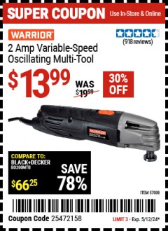 Harbor Freight Coupon 2 AMP VARIABLE SPEED OSCILLATING MULTI-TOOL Lot No. 57808 EXPIRES: 5/12/24 - $13.99