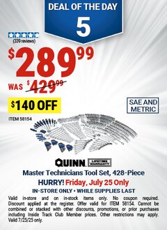 Harbor Freight Coupon QUINN MASTER TECHNICIANS TOOL SET, 428-PIECE Lot No. 58154 Expired: 7/25/25 - $289.99