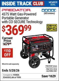 Harbor Freight Coupon PREDATOR 4375 WATT GAS-POWERED PORTABLE GENERATOR WITH CO SECURE TECHNOLOGY Lot No. 59207/59132/72912 Valid: 12/31/69 - 5/28/26 - $369.99