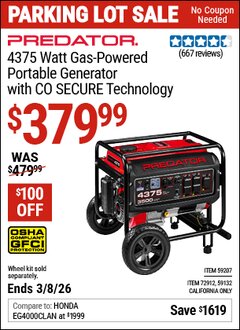Harbor Freight Coupon PREDATOR 4375 WATT GAS-POWERED PORTABLE GENERATOR WITH CO SECURE TECHNOLOGY, 49-STATE COMPLIANT Lot No. 59207/59132/72912 Expired: 3/8/26 - $379.99