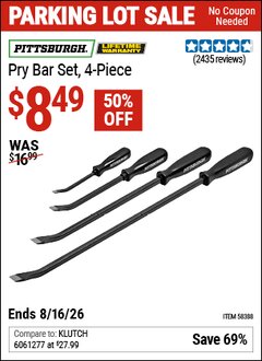 Harbor Freight Coupon PITTSBURGH PRY BAR SET, 4-PIECE Lot No. 58388 Expired: 8/16/26 - $8.49