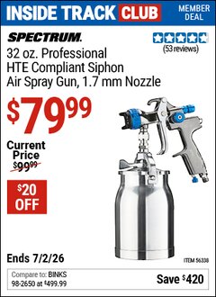 Harbor Freight Coupon SPECTRUM 32 OZ. PROFESSIONAL HTE COMPLIANT SIPHON AIR SPRAY GUN, 1.7 MM NOZZLE Lot No. 56338 Valid: 12/31/69 - 7/2/26 - $79.99