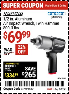 Harbor Freight Coupon 1/2 IN. ALUMINUM AIR IMPACT WRENCH Lot No. 59185 Expired: 7/7/24 - $69.99