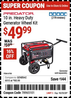 Harbor Freight Coupon PREDATOR 10 IN. HEAVY DUTY GENERATOR WHEEL KIT Lot No. 64788 EXPIRES: 10/25/26 - $49.99