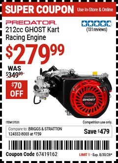Harbor Freight Coupon PREDATOR 212CC GHOST KART RACING ENGINE Lot No. 57531 EXPIRES: 8/30/26 - $279.99