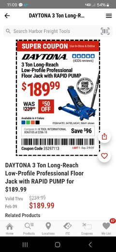 Harbor Freight Coupon DAYTONA 3 TON LONG REACH LOW PROFILE PROFESSIONAL FLOOR JACK WITH RAPID PUMP Lot No. 64781/64785/56641/64241 Expired: 2/9/25 - $189.99