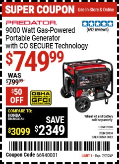 Harbor Freight Coupon PREDATOR 9000 WATT GAS POWERED PORTABLE GENERATOR WITH CO SECURE TECHNOLOGY  Lot No. 59206 Expired: 7/7/24 - $749.99