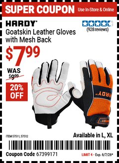 Harbor Freight Coupon HARDY GOATSKIN LEATHER GLOVES WITH MESH BACK Lot No. 57512/57511 EXPIRES: 6/7/26 - $7.99