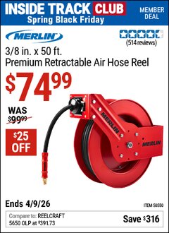 Harbor Freight ITC Coupon MERLIN 3/8 IN. X 50 FT. HEAVY DUTY RETRACTABLE AIR HOSE REEL, RUBBER HOSE, 1/4 IN. NPT FITTINGS Lot No. 58550 Expired: 4/9/26 - $74.99
