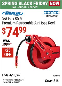 Harbor Freight Coupon MERLIN 3/8 IN. X 50 FT. HEAVY DUTY RETRACTABLE AIR HOSE REEL, RUBBER HOSE, 1/4 IN. NPT FITTINGS Lot No. 58550 Expired: 4/12/26 - $74.99