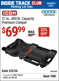 Harbor Freight ITC Coupon ICON 37 IN., 400 LB. CAPACITY PREMIUM CREEPER, BLACK Lot No. 58588 Expired: 3/5/26 - $69.99