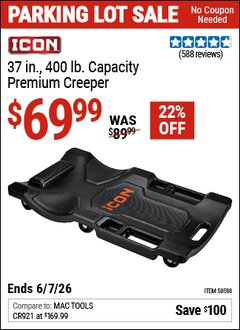 Harbor Freight Coupon ICON 37 IN., 400 LB. CAPACITY PREMIUM CREEPER, BLACK Lot No. 58588 Valid Thru: 6/7/26 - $69.99