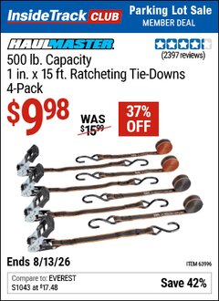 Harbor Freight ITC Coupon HAUL-MASTER 500 LB. CAPACITY, 1 IN. X 15 FT. RATCHETING TIE-DOWNS, 4-PACK Lot No. 63996 Expired: 8/13/26 - $9.98
