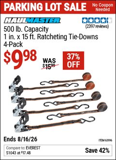 Harbor Freight Coupon HAUL-MASTER 500 LB. CAPACITY, 1 IN. X 15 FT. RATCHETING TIE-DOWNS, 4-PACK Lot No. 63996 Expired: 8/16/26 - $9.98