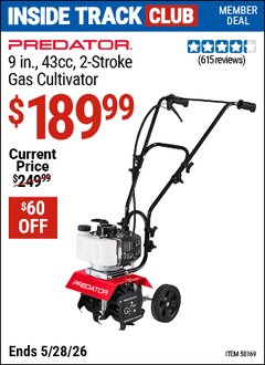 Harbor Freight ITC Coupon PREDATOR 9 IN., 43CC, 2-STROKE GAS CULTIVATOR Lot No. 58169 Expired: 5/28/26 - $189.99