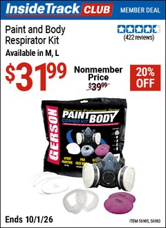 Harbor Freight Coupon GERSON PAINT AND BODY RESPIRATOR KIT Lot No. 56983/56985 Valid: 12/31/69 - 10/1/26 - $31.99