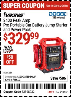 Harbor Freight Coupon VIKING 3400 PEAK AMP PRO PORTABLE CAR BATTERY JUMP STARTER AND POWER PACK Lot No. 57084 Expired: 5/10/26 - $329.99