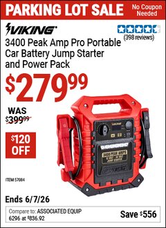 Harbor Freight Coupon VIKING 3400 PEAK AMP PRO PORTABLE CAR BATTERY JUMP STARTER AND POWER PACK Lot No. 57084 Valid Thru: 6/7/26 - $279.99