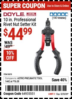 Harbor Freight Coupon DOYLE 10 IN. PROFESSIONAL RIVET NUT SETTER KIT Lot No. 58078 Expired: 5/25/26 - $44.99
