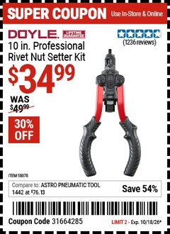 Harbor Freight Coupon DOYLE 10 IN. PROFESSIONAL RIVET NUT SETTER KIT Lot No. 58078 Expired: 10/18/26 - $34.99