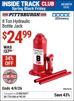 Harbor Freight ITC Coupon PITTSBURGH 8 TON HYDRAULIC BOTTLE JACK Lot No. 56734 Expired: 4/9/26 - $24.99