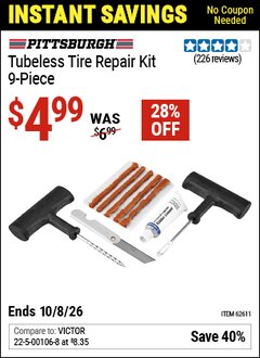 Harbor Freight Coupon PITTSBURGH TUBELESS TIRE REPAIR KIT, 9-PIECE Lot No. 62611 Valid Thru: 10/8/26 - $4.99