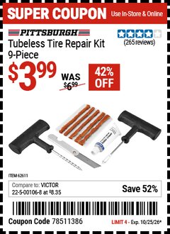 Harbor Freight Coupon PITTSBURGH TUBELESS TIRE REPAIR KIT, 9-PIECE Lot No. 62611 EXPIRES: 10/25/26 - $3.99