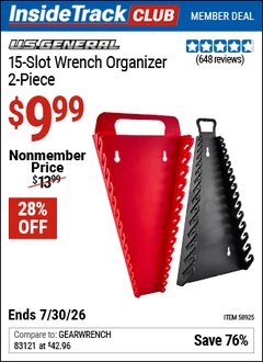 Harbor Freight ITC Coupon U.S. GENERAL 15-SLOT WRENCH ORGANIZER, 2-PIECE Lot No. 58925 Dates Valid: 12/31/69 - 7/30/26 - $9.99