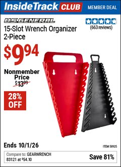 Harbor Freight Coupon U.S. GENERAL 15-SLOT WRENCH ORGANIZER, 2-PIECE Lot No. 58925 Valid: 12/31/69 - 10/1/26 - $9.94