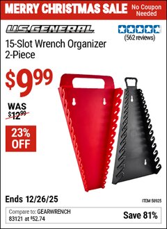 Harbor Freight Coupon U.S. GENERAL 15-SLOT WRENCH ORGANIZER, 2-PIECE Lot No. 58925 Expired: 12/26/25 - $9.99