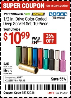 Harbor Freight Coupon PITTSBURGH PRO 1/2 IN. DRIVE COLOR-CODED DEEP SOCKET SET, 10-PIECE Lot No. 61294/67872 Valid Thru: 8/16/26 - $10.99