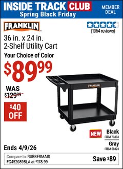 Harbor Freight ITC Coupon FRANKLIN 36 IN. X 24 IN., 2-SHELF UTILITY CART Lot No. 58323 Expired: 4/9/26 - $89.99