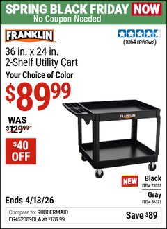 Harbor Freight Coupon FRANKLIN 36 IN. X 24 IN., 2-SHELF UTILITY CART Lot No. 58323 Expired: 4/12/26 - $89.99