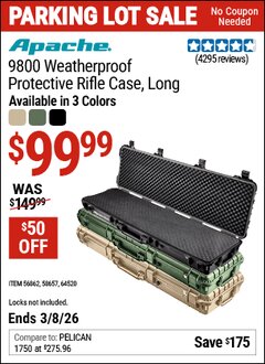 Harbor Freight Coupon APACHE 9800 WEATHERPROOF PROTECTIVE RIFLE CASE, LONG Lot No. 56862/64520/58657 Expired: 3/8/26 - $99.99