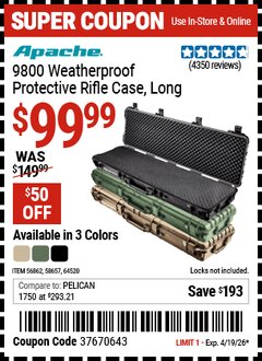 Harbor Freight Coupon APACHE 9800 WEATHERPROOF PROTECTIVE RIFLE CASE, LONG Lot No. 56862/64520/58657 Expired: 4/19/26 - $99.99