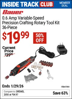 Harbor Freight ITC Coupon BAUER 0.6 AMP VARIABLE-SPEED PRECISION CRAFTING ROTARY TOOL KIT, 36-PIECE Lot No. 57001 Dates Valid: 12/31/69 - 1/29/26 - $19.99