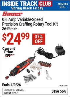 Harbor Freight ITC Coupon BAUER 0.6 AMP VARIABLE-SPEED PRECISION CRAFTING ROTARY TOOL KIT, 36-PIECE Lot No. 57001 Expired: 4/9/26 - $24.99